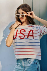Trendsi SO ME Usa Stripe Knit Short Sleeves Sweater Top -