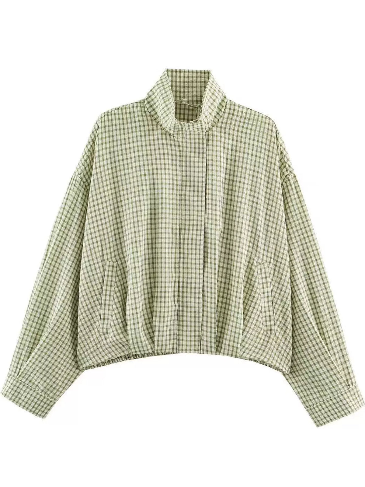 Aqua Green Plaid plaid stand-collar cropped jacket