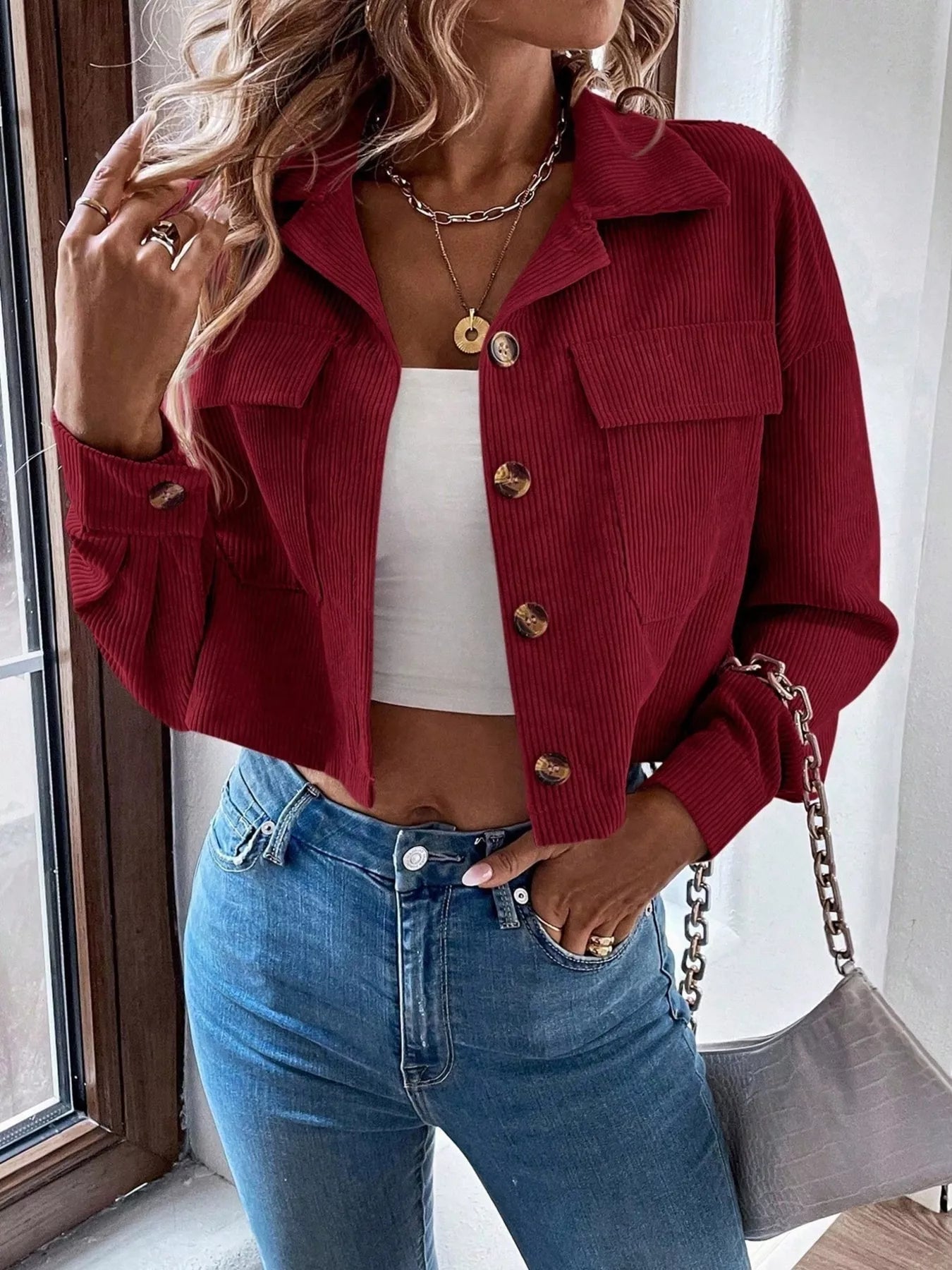 Trendsi Cropped Corduroy Button-Down Jacket -