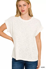 Trendsi Zenana Hacci Slub Rolled Up Sleeve Tee -