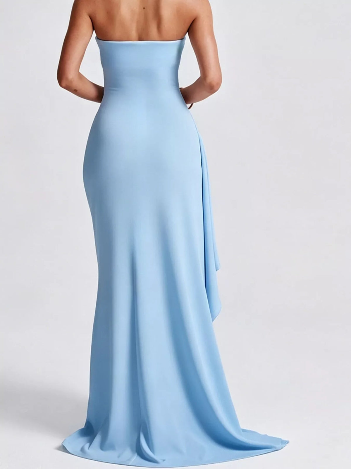Light blue strapless high slit bodycon maxi evening dress, back view