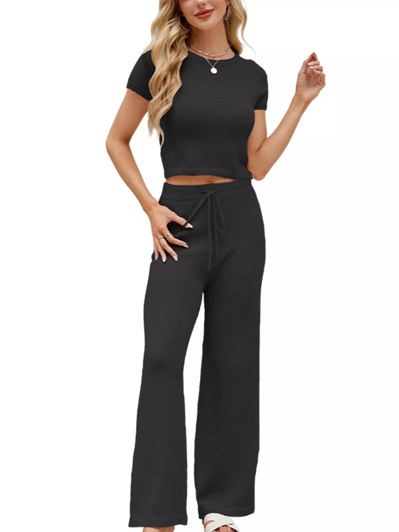 Trendsi Solid Color Knit Short Sleeve Top and Wide Leg Pants Set -