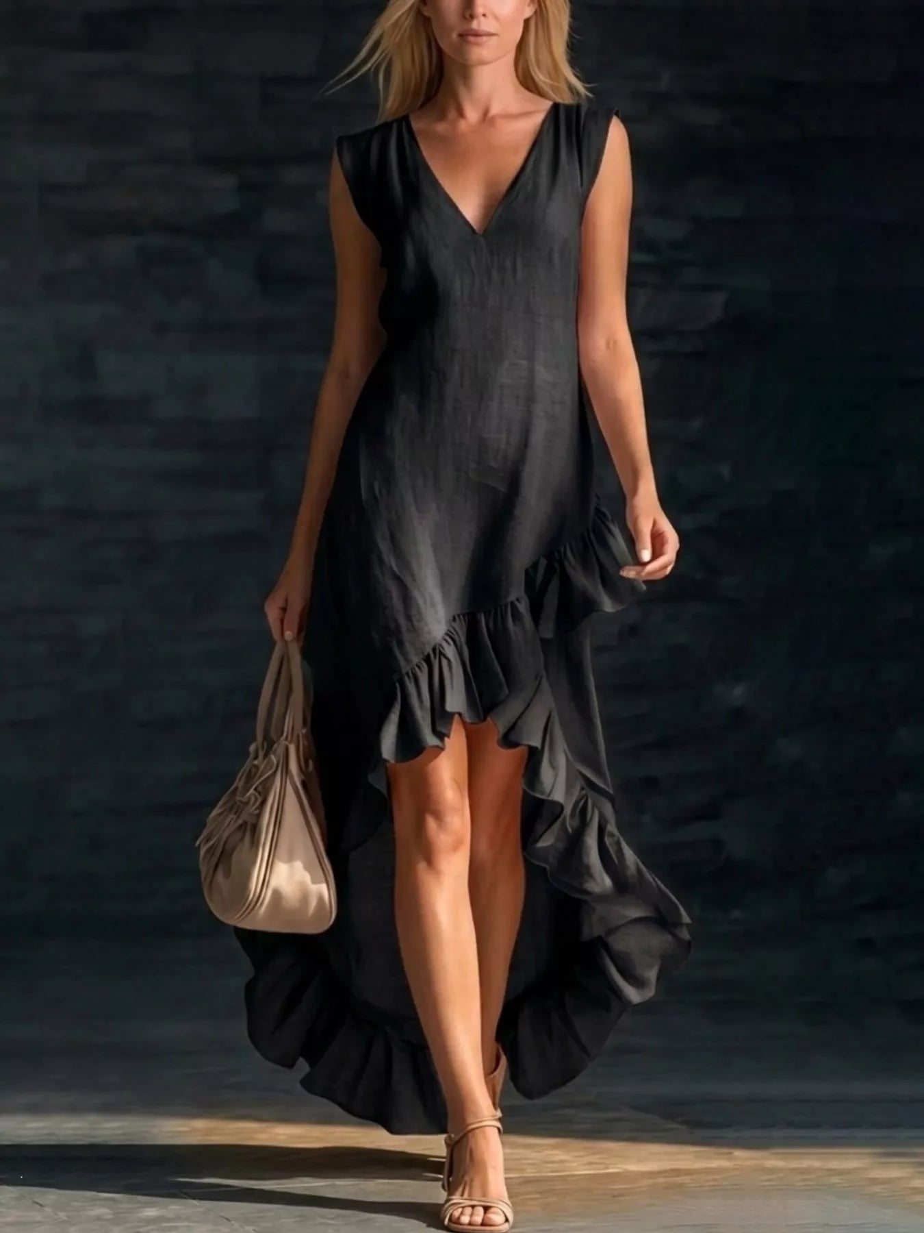 Trendsi Full Size Ruffled Asymmetrical Hem V-Neck Sleeveless Dress Plus Size -
