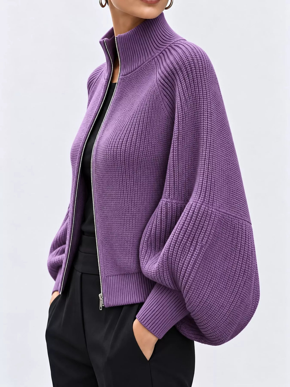 Purple ribbed knit zip-up lantern sleeve cardigan