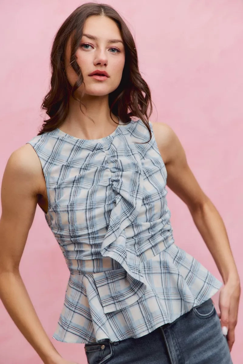 Women's Plaid Sleeveless Ruffle Peplum Top Blue And White Cotton — product view 9