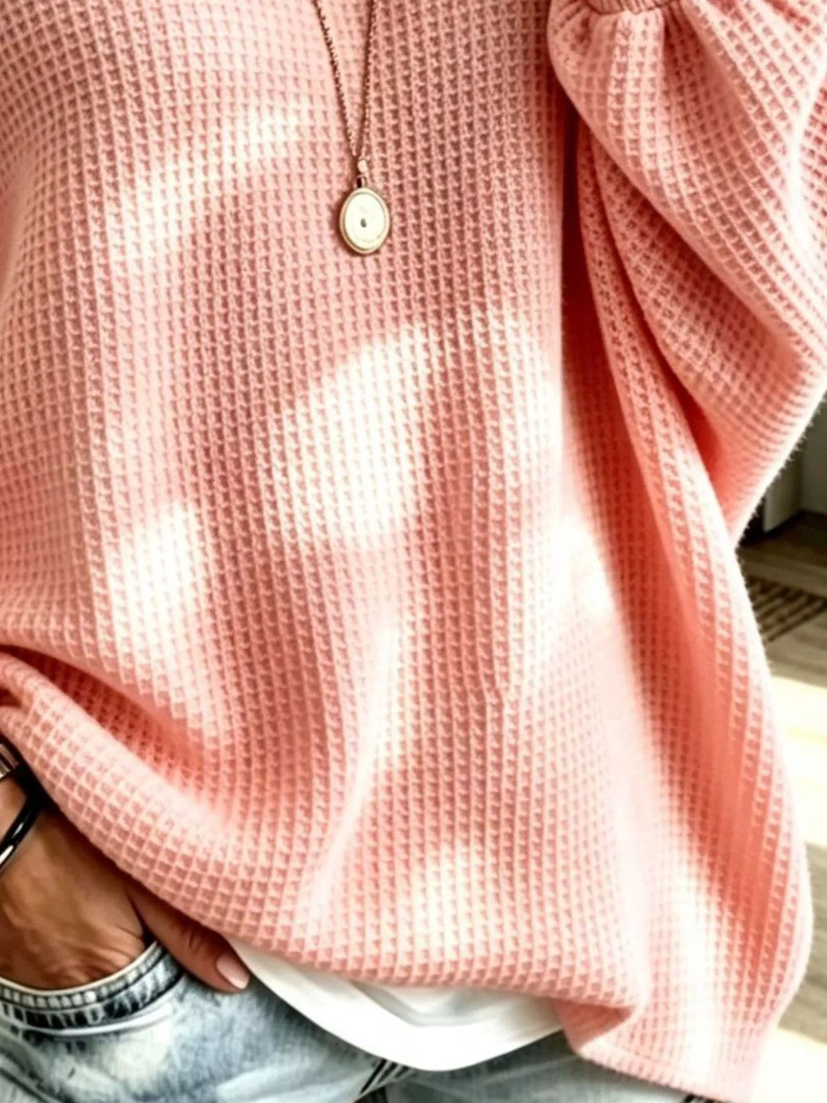 Women's Waffle Knit Boat Neck Sweatshirt in pink — texture detail view