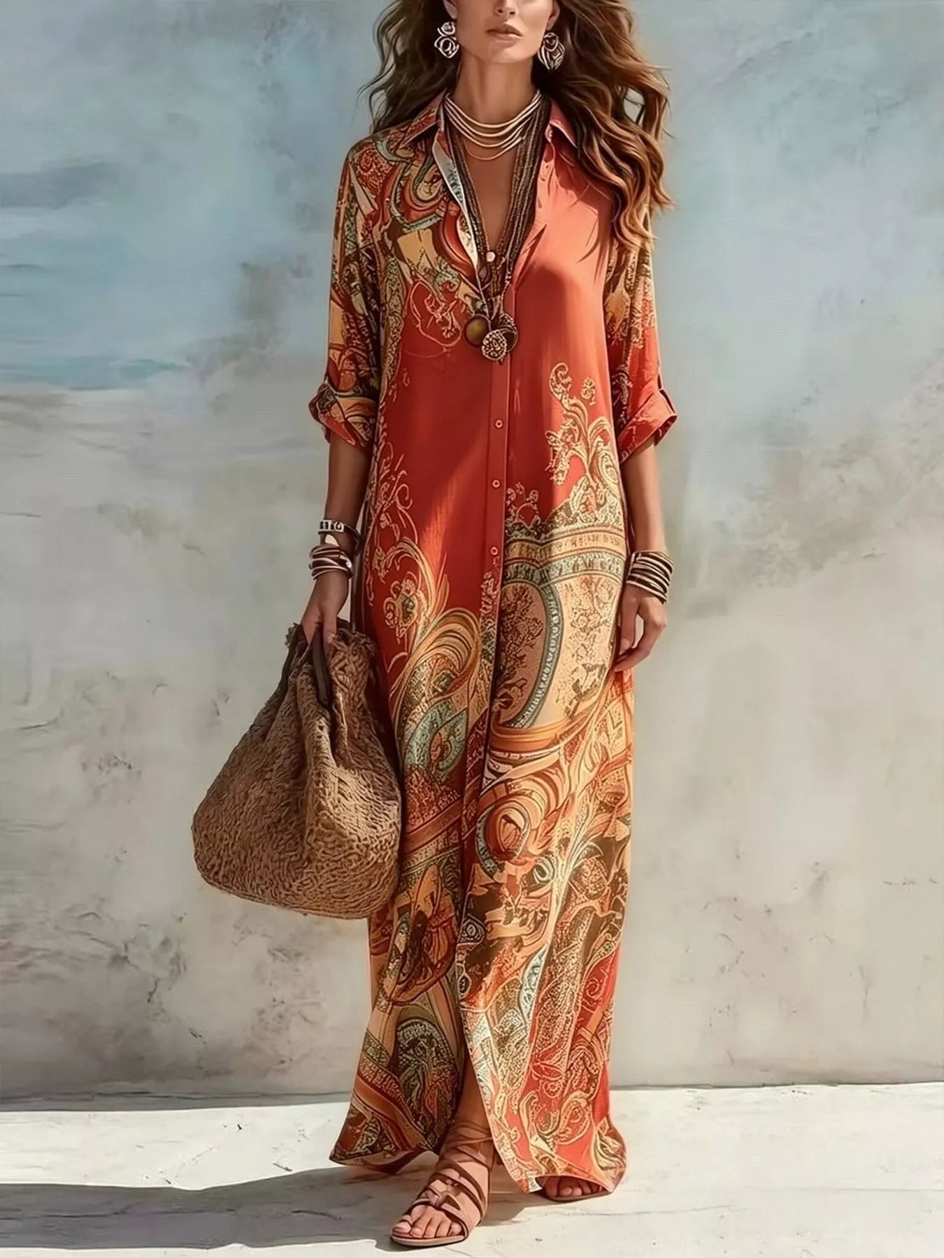 Trendsi Full Size Printed Button Down Roll-Up Sleeve Shirt Maxi Dress Plus Size -