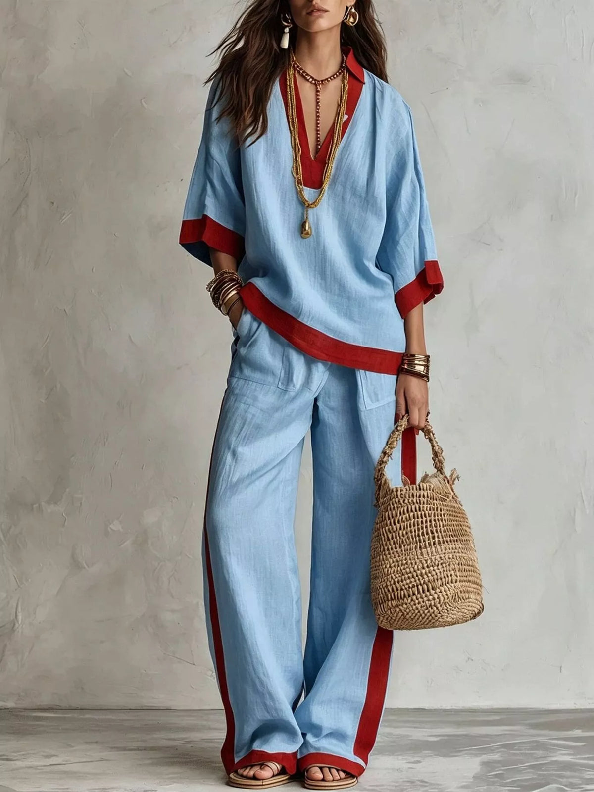 Contrast Trim Top and Wide Leg Pants Set in blue, front view