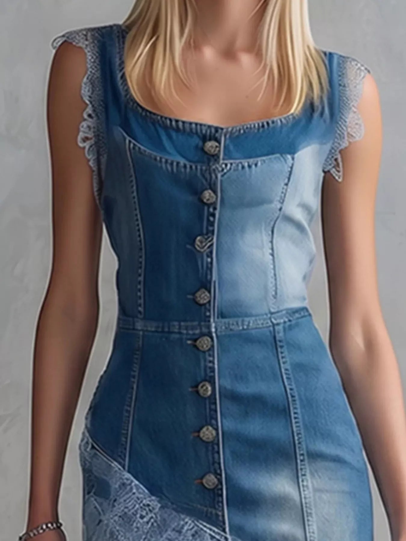 Trendsi Sleeveless Patchwork Denim Dress with Asymmetric Lace Hem -