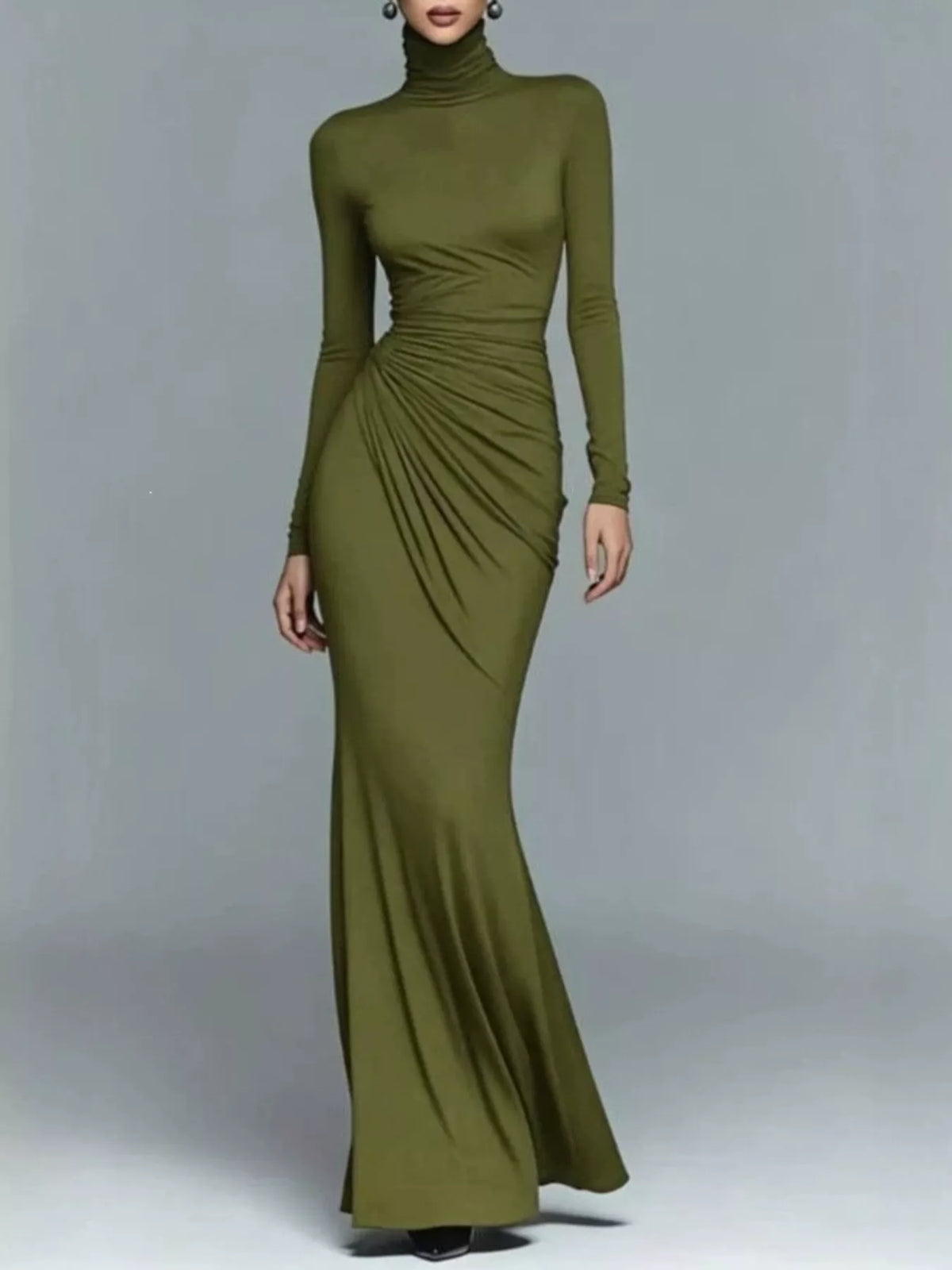 Green turtleneck ruched maxi dress