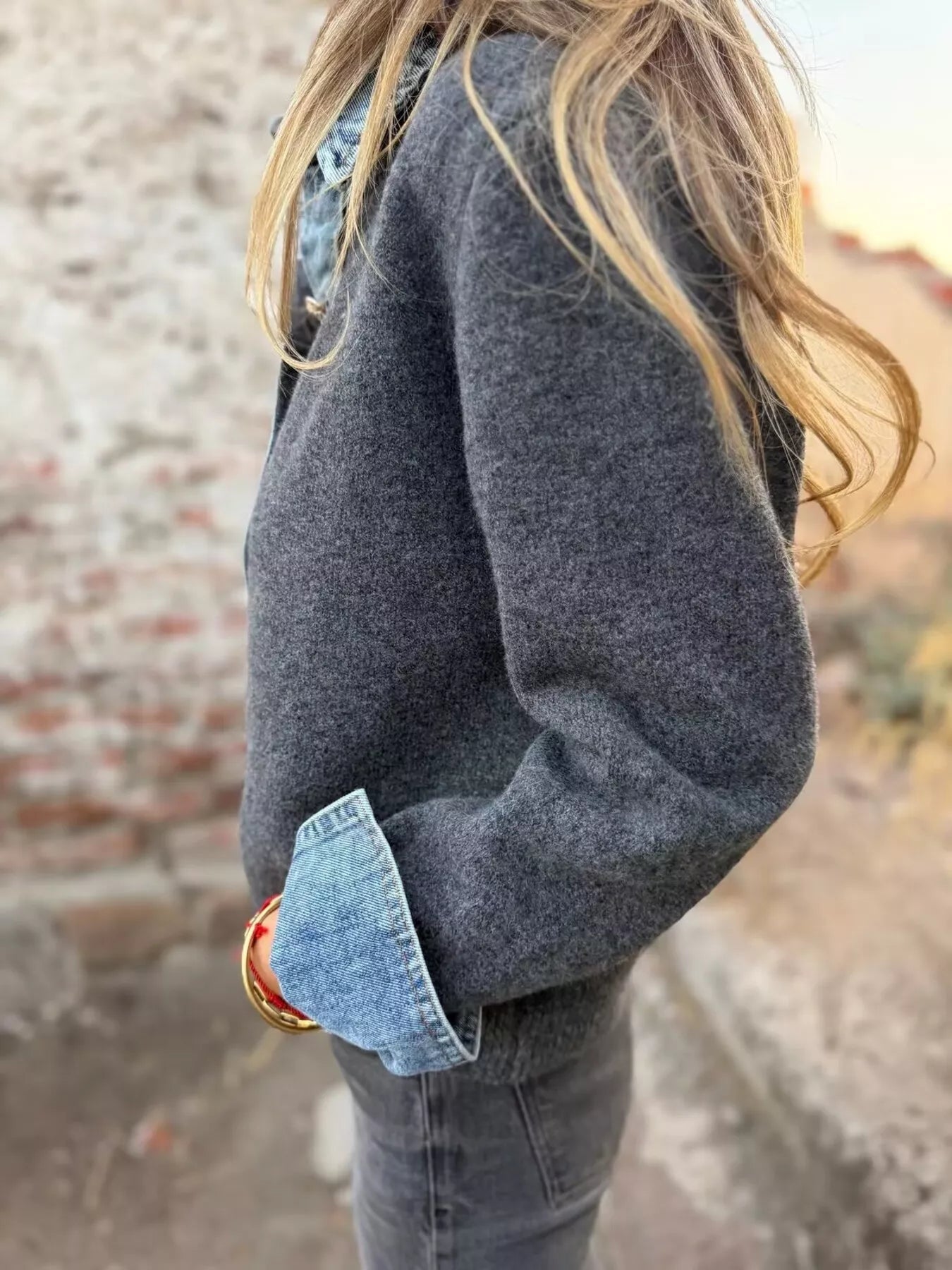 Trendsi Contrast Denim Trimmed Sweater Cardigan -