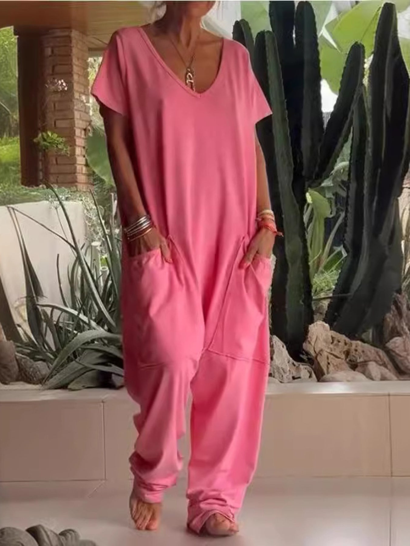 Trendsi Full Size Loose Fit V-Neck Short Sleeve Wide Leg Jumpsuit Plus Size -