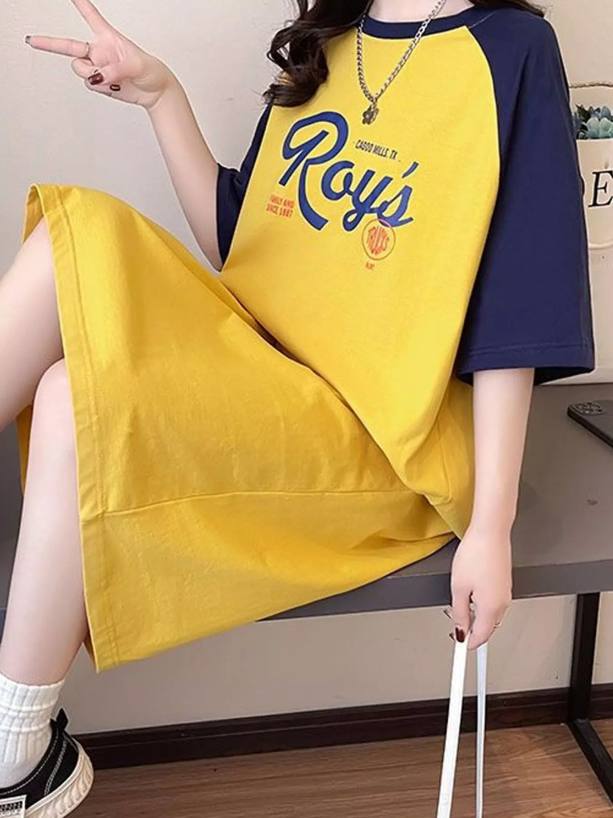 Color-Block Raglan Sleeve Letter Graphic T-Shirt Dress in yellow