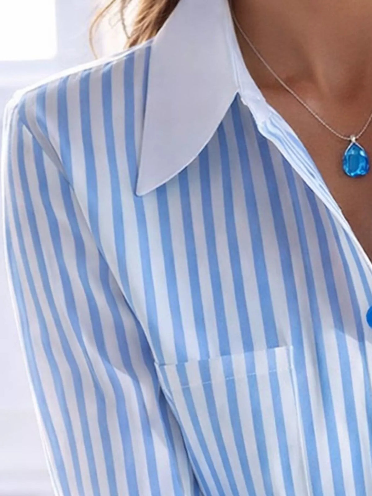 Women's Striped Button-Down Shirt in blue and white — collar detail view