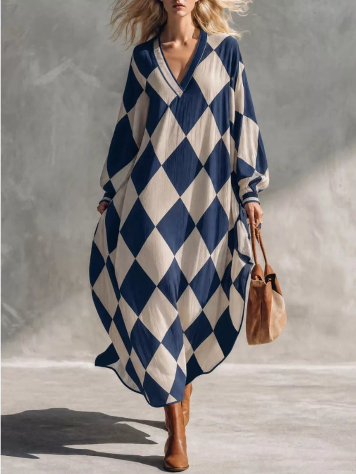 Trendsi Argyle Pattern V-Neck Long Sleeve Dress -
