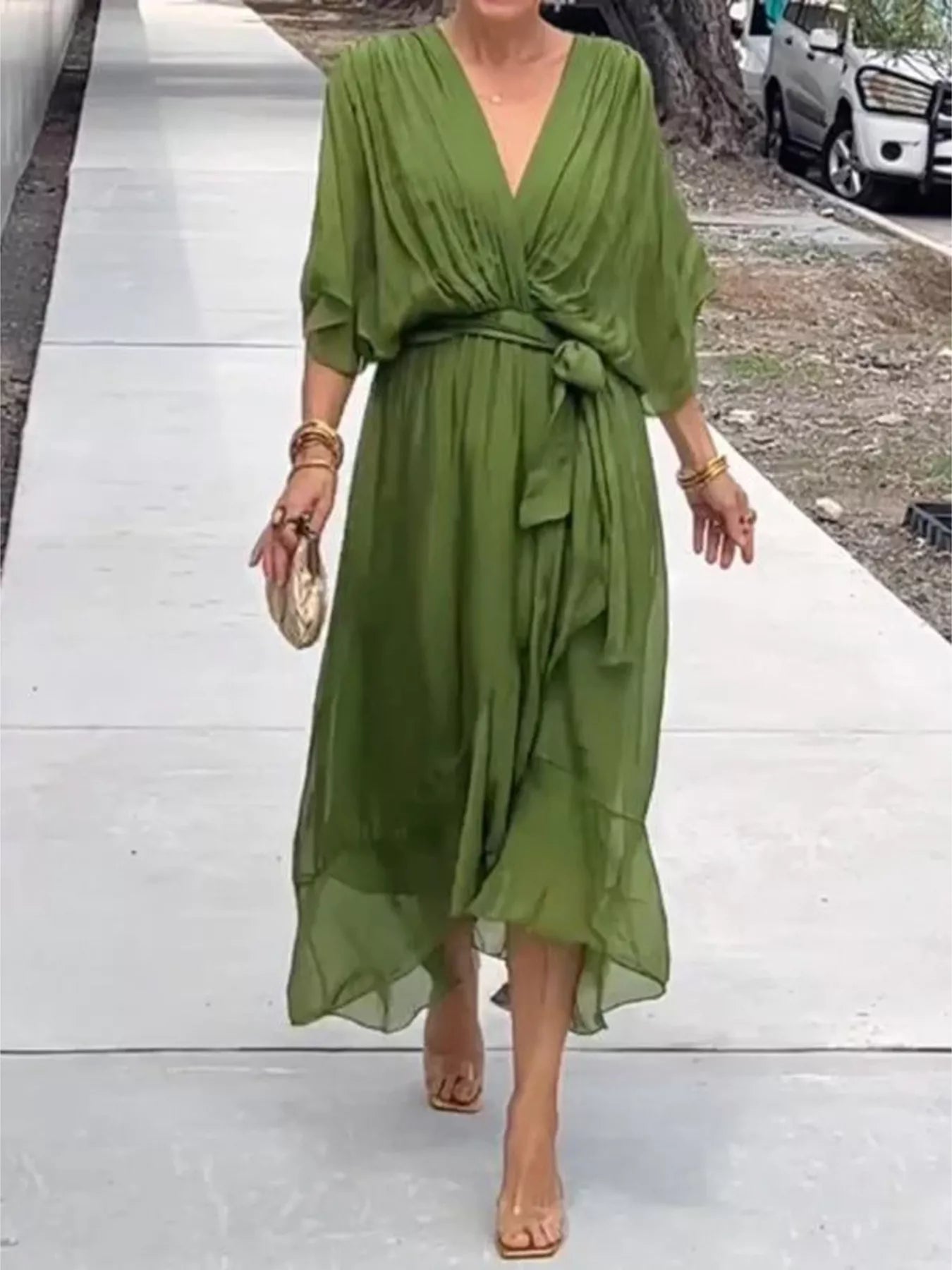 Trendsi Full Size Chiffon Wrap Dress with Flutter Sleeves Plus Size -