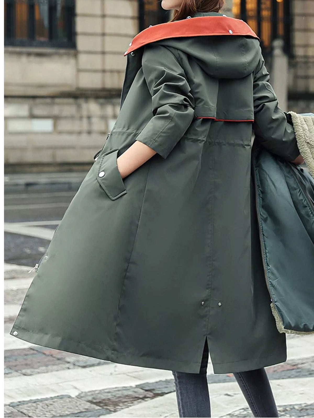 Faux-fur-trim parka, green back without fur trim