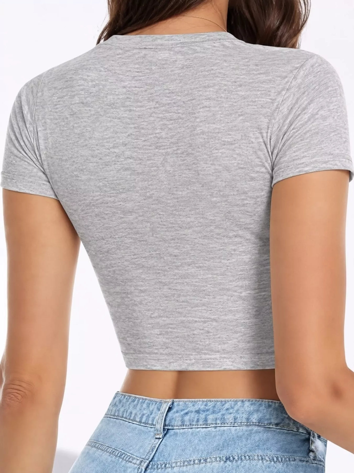 Heather gray crew neck crop T-shirt, back view