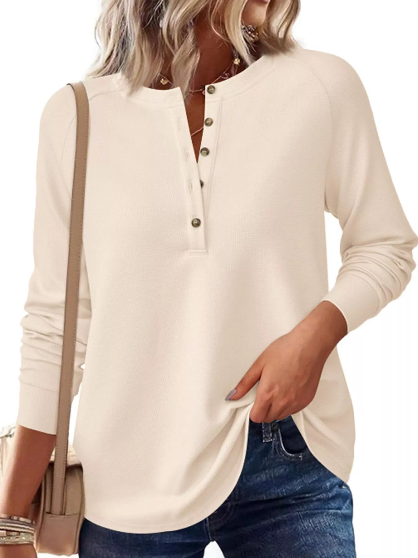 Trendsi Waffle Knit Henley Long Sleeve T-Shirt -