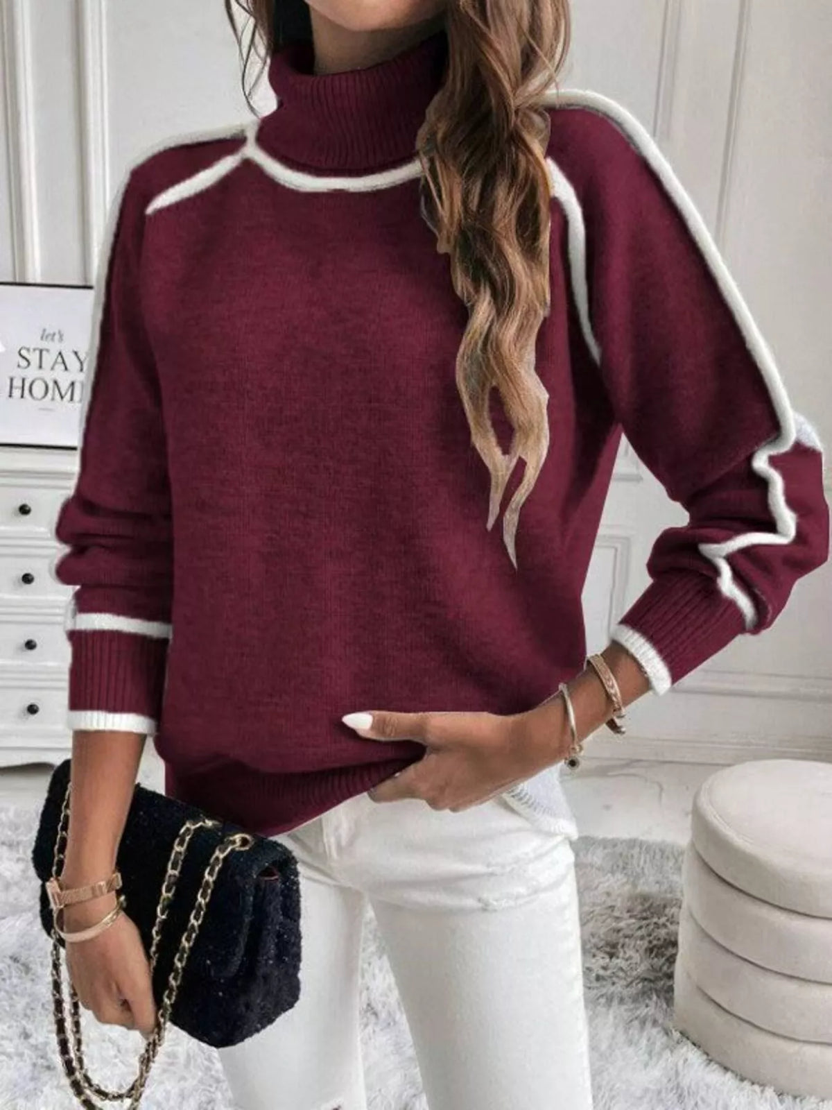 Women's Contrast Trim Ribbed Hem Turtleneck Sweater in Dark Brown, front view