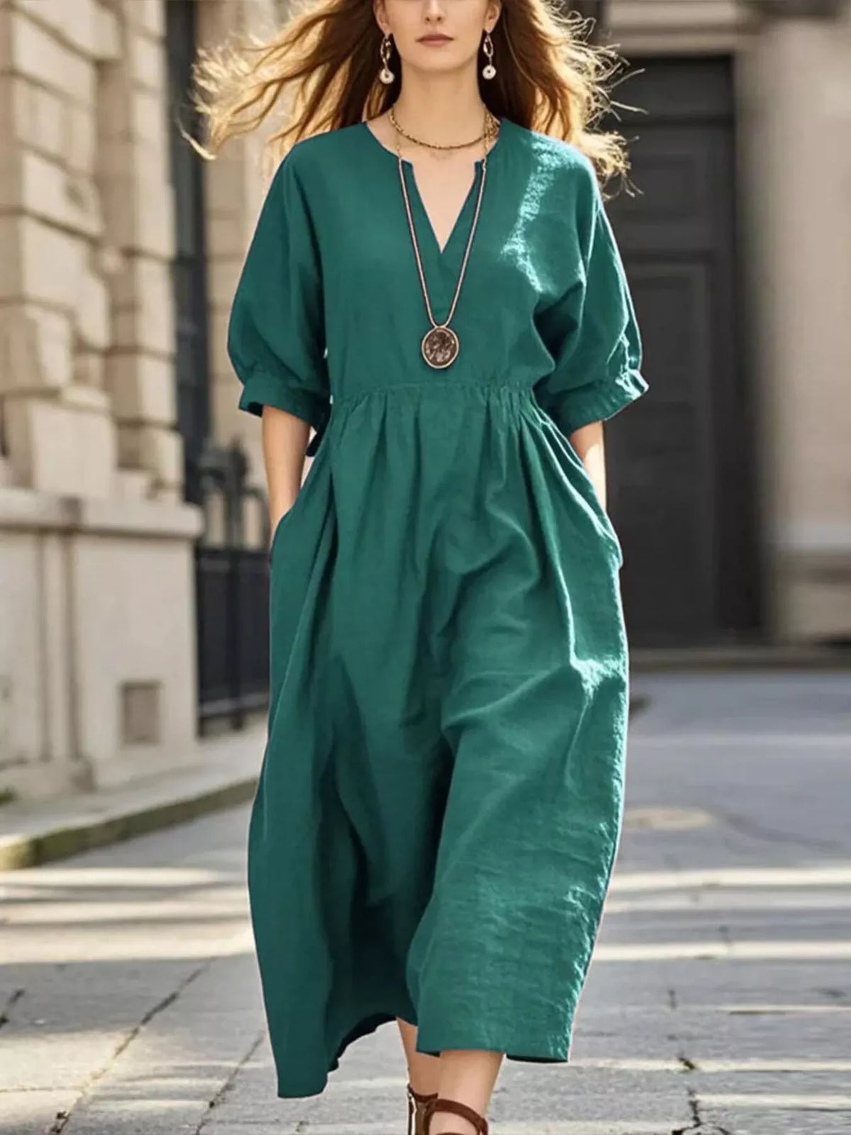 Trendsi Notched Half Sleeve Midi Dress -