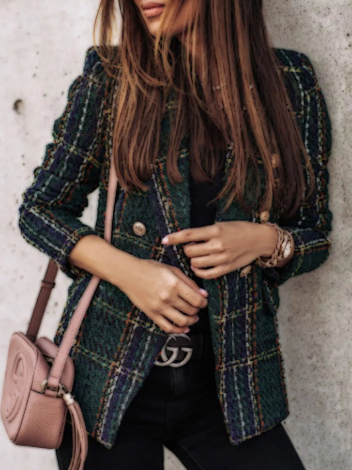 Plaid tweed-look double-breasted blazer