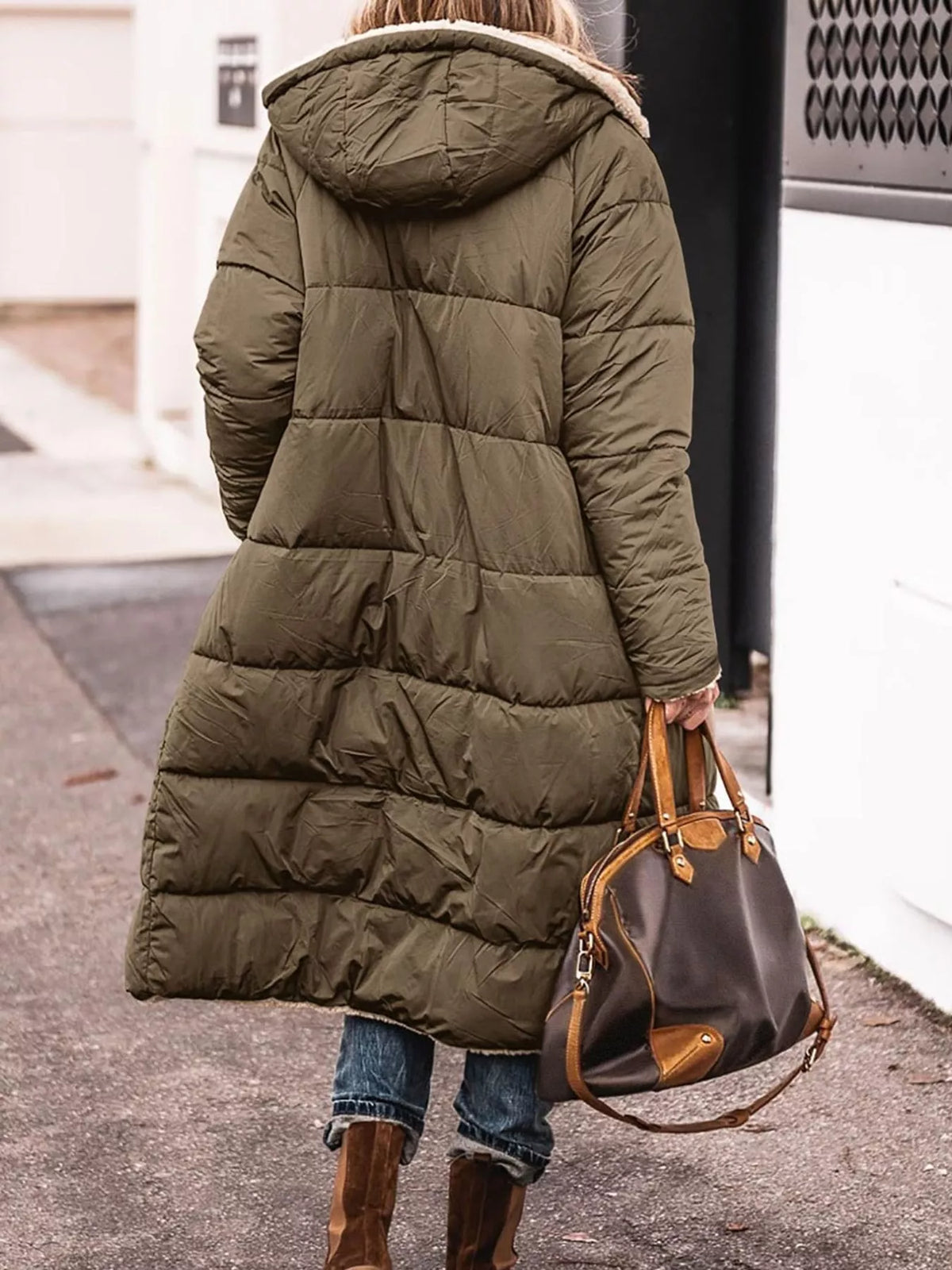Olive longline sherpa-lined hooded puffer coat, back view