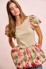 Trendsi BiBi Floral Printed Bubble Sleeves and Hem Peplum Top -