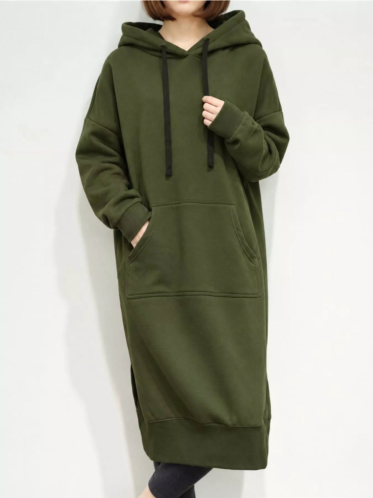 Hooded Sweatshirt Dress with Kangaroo Pocket in green