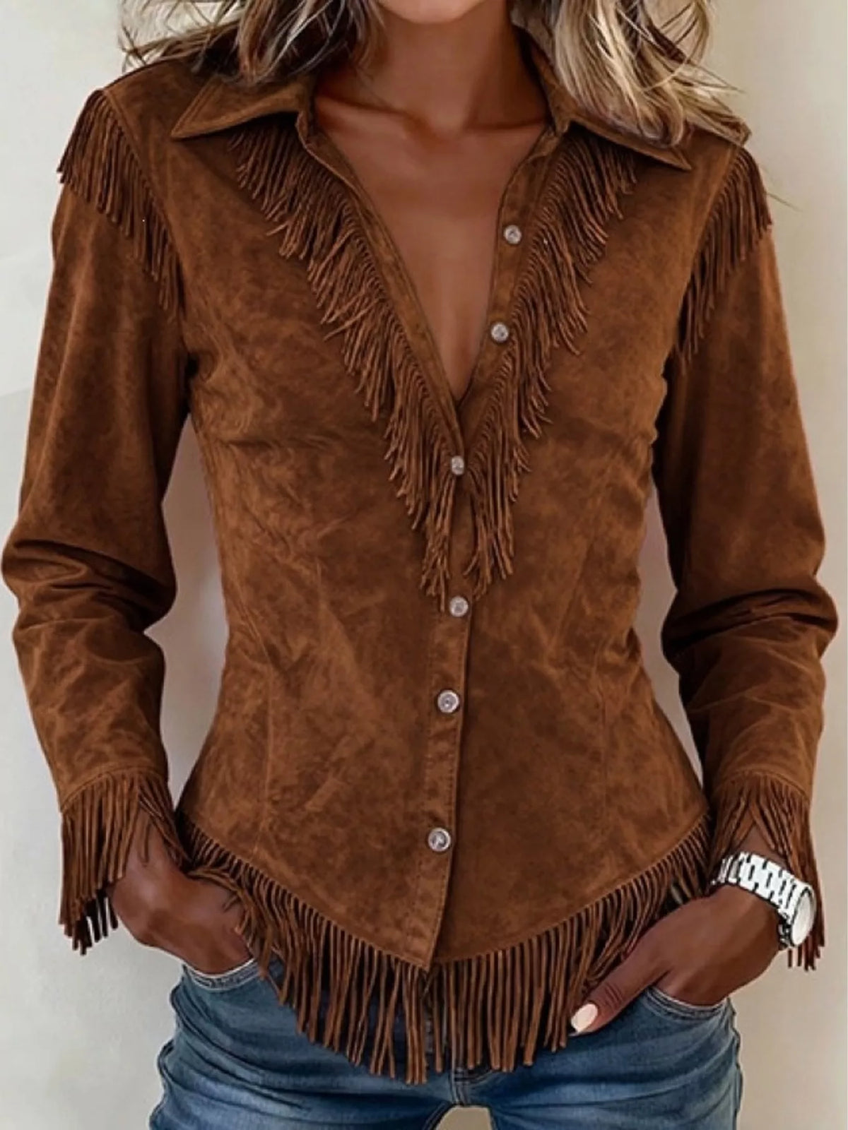 Trendsi Fringed Button Up Long Sleeve Shirt -