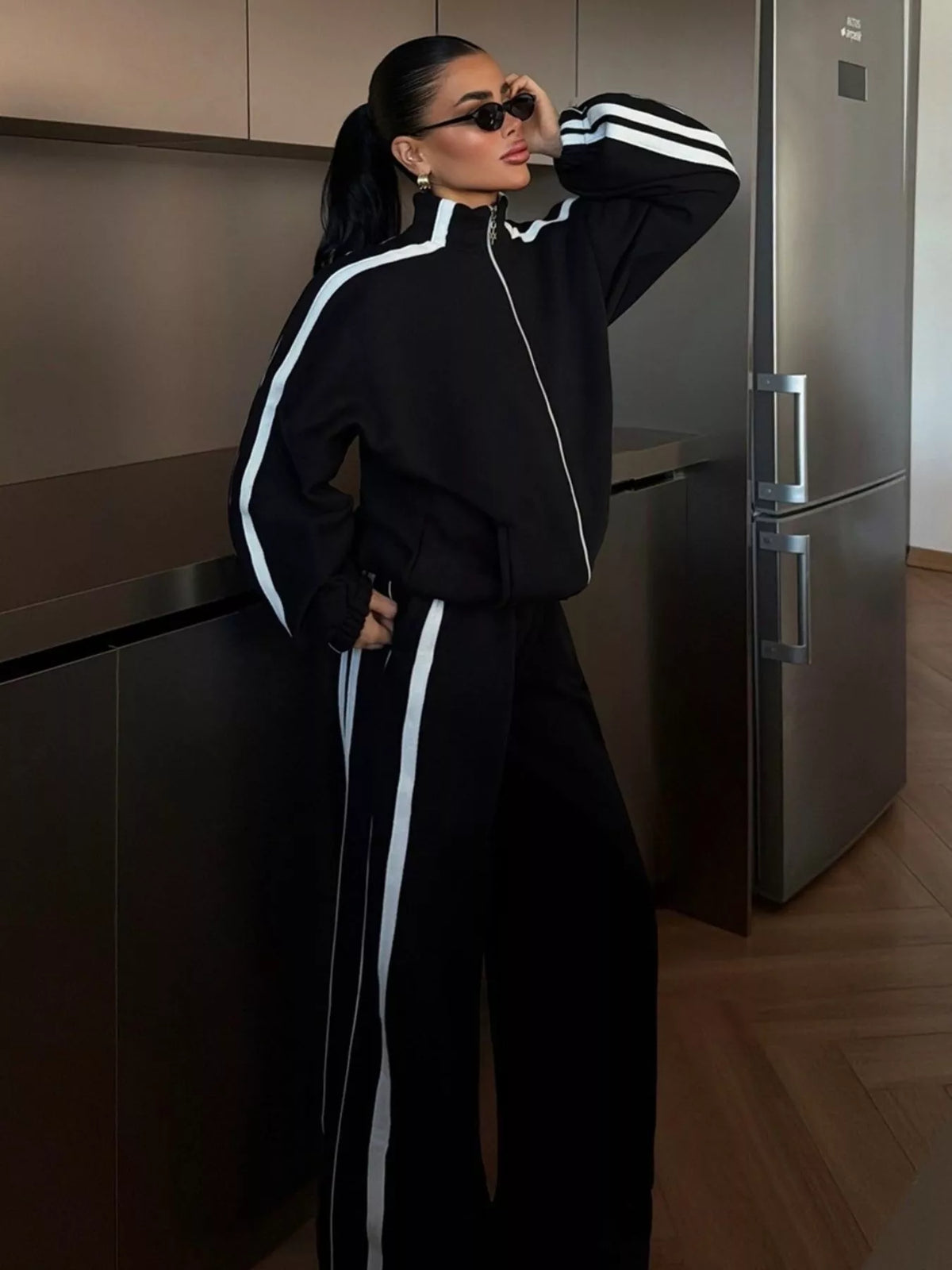 Trendsi Side Stripes Zip Up Top and Pants Set -