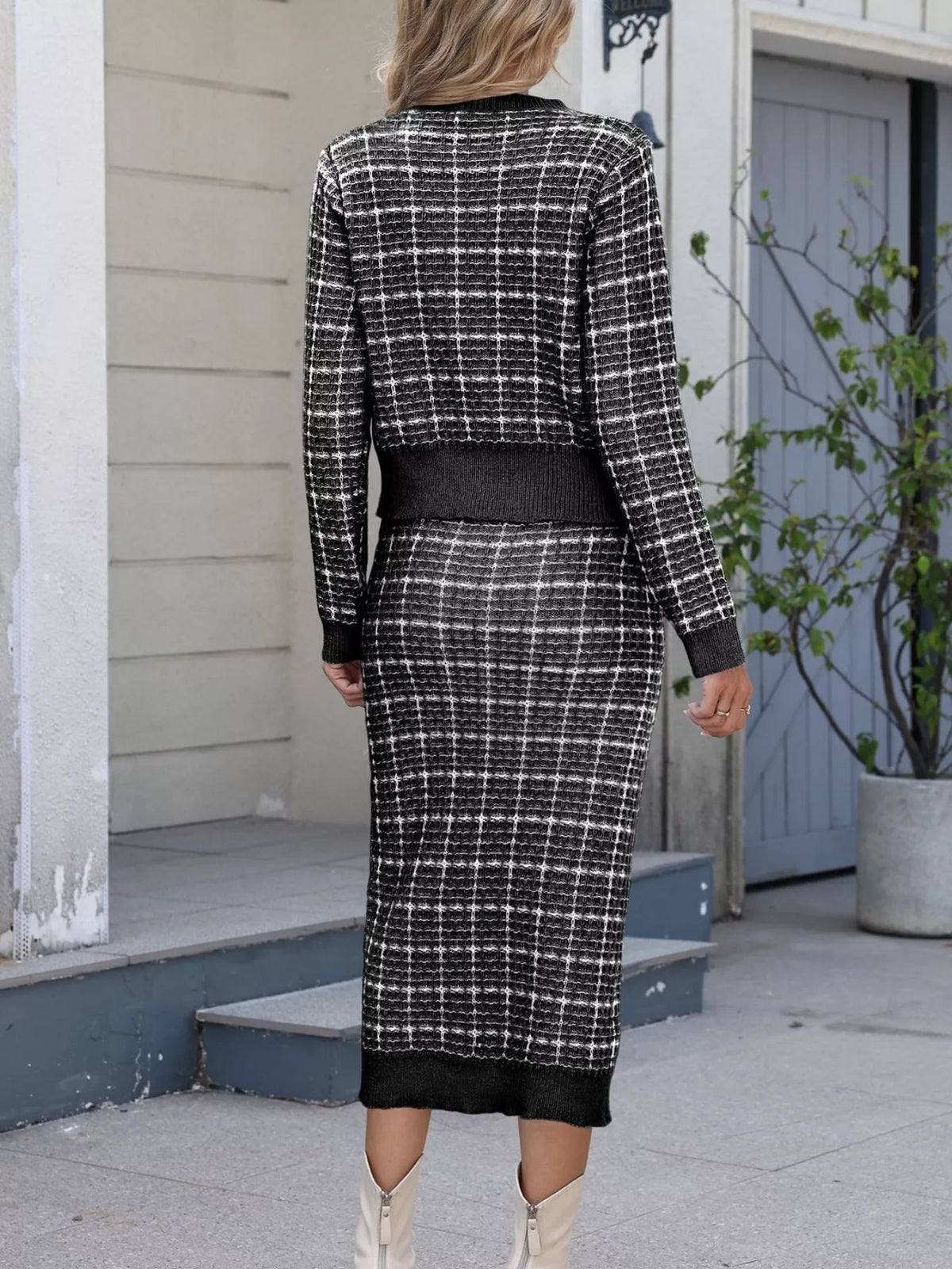 Plaid Cardigan and Midi Skirt Set