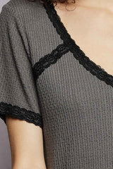 Trendsi POL Lace Detail V-Neck Short Sleeve Textured T-Shirt -