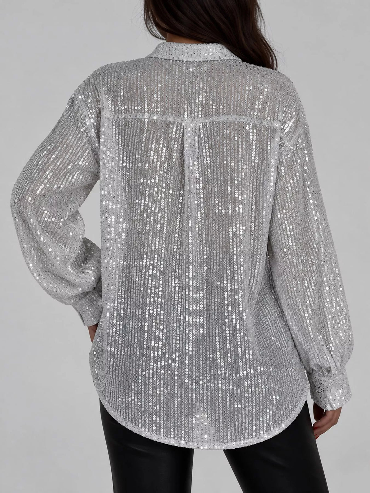 Silver White sequin button up long sleeve shirt, back view