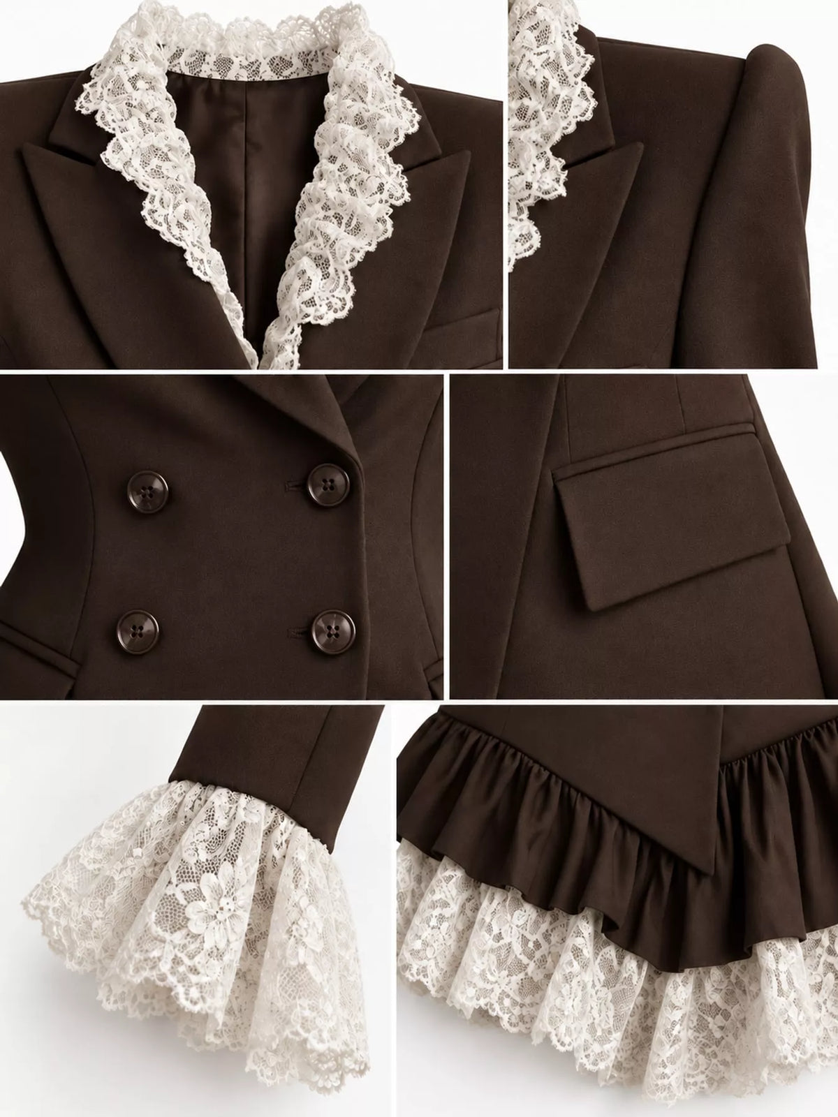 Dark brown lace trim blazer dress, detail view