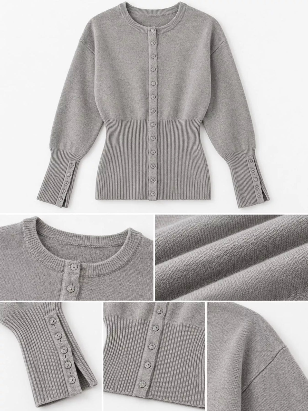 Gray button up ribbed waist cardigan
