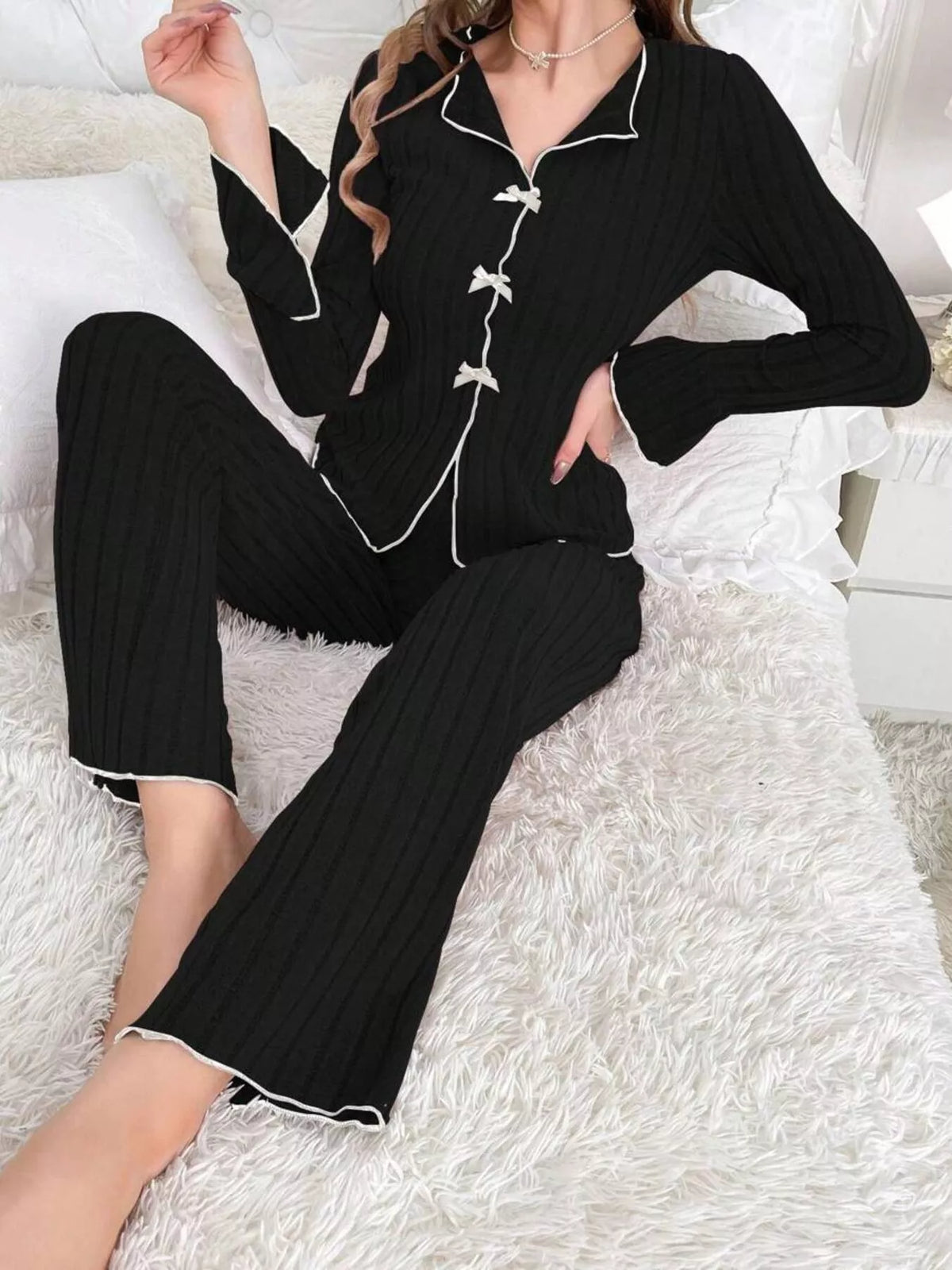 Women's Contrast Bow Detail Top and Pants Lounge Set in Off-white, detail view