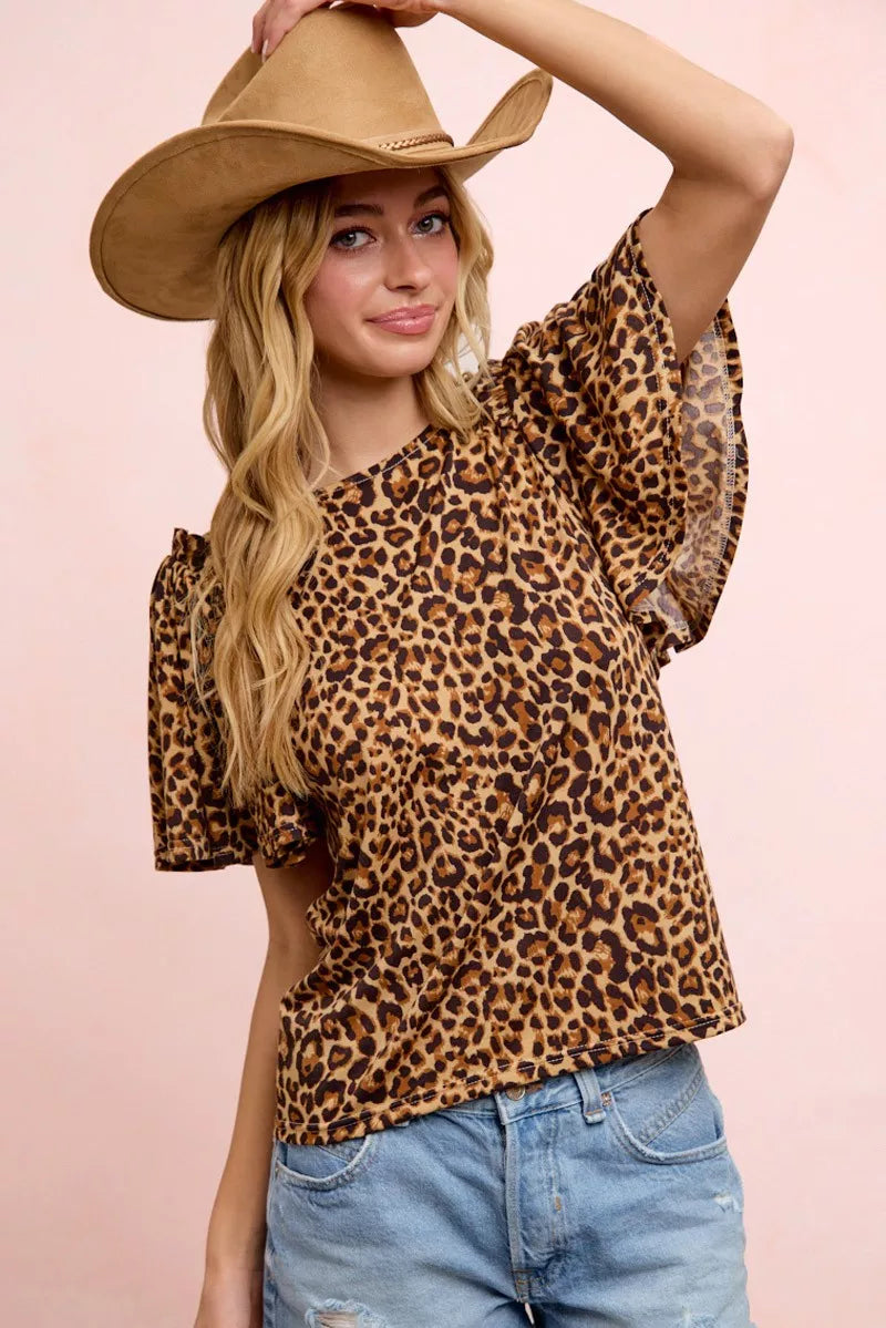 Women's Leopard Print Ruffle Sleeve Relaxed Fit Top — product view 5