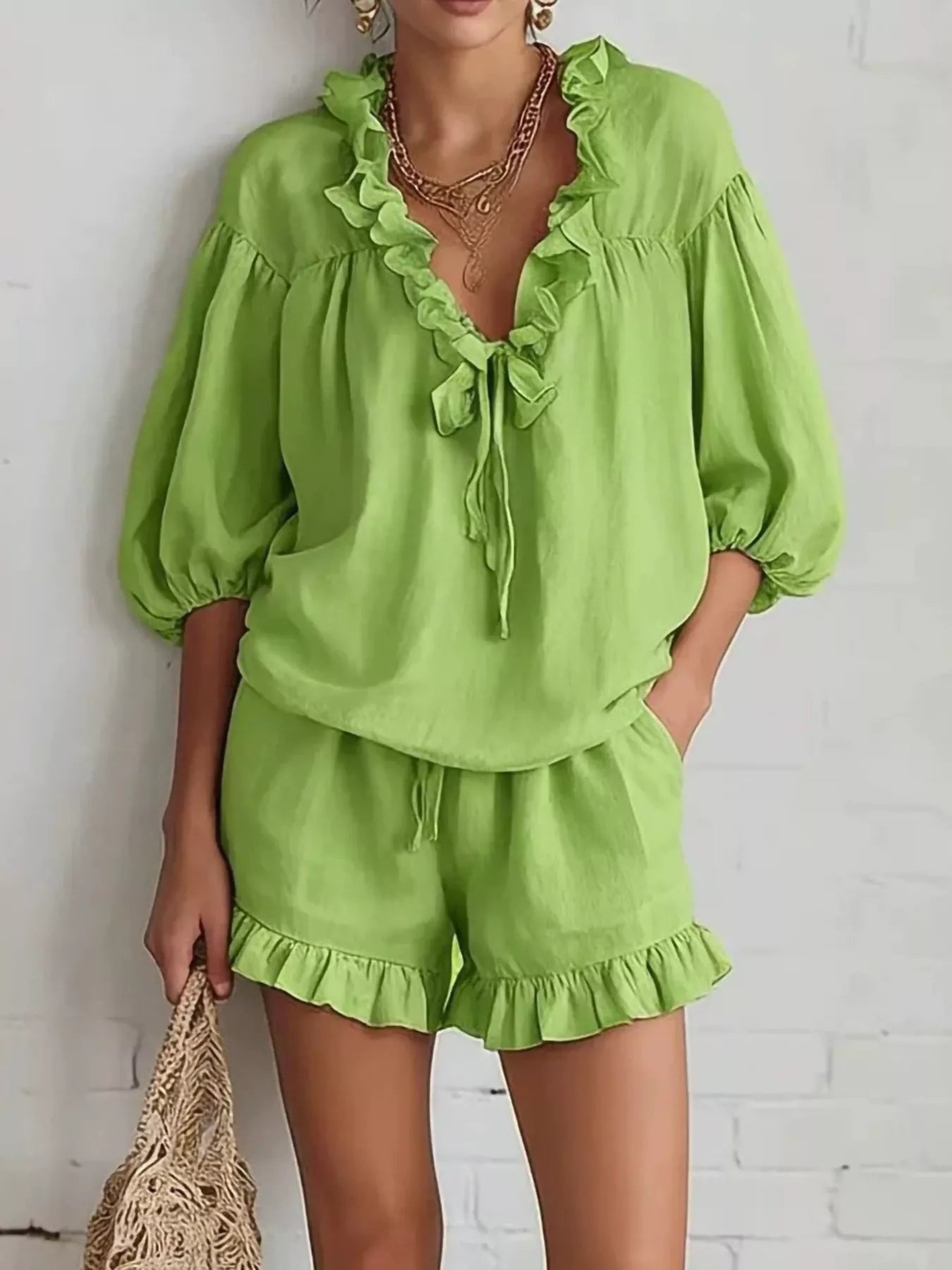 Trendsi Ruffled V-Neck Blouse and Shorts Set -