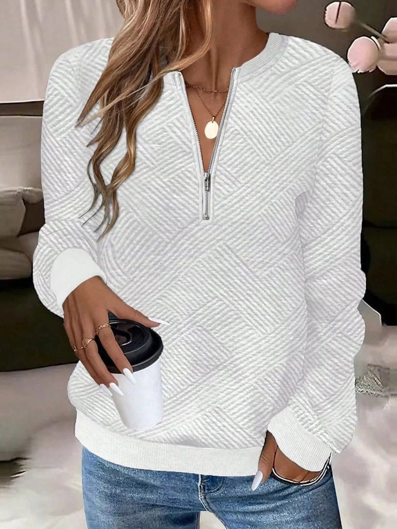 Trendsi Textured Quarter-Zip Sweatshirt -