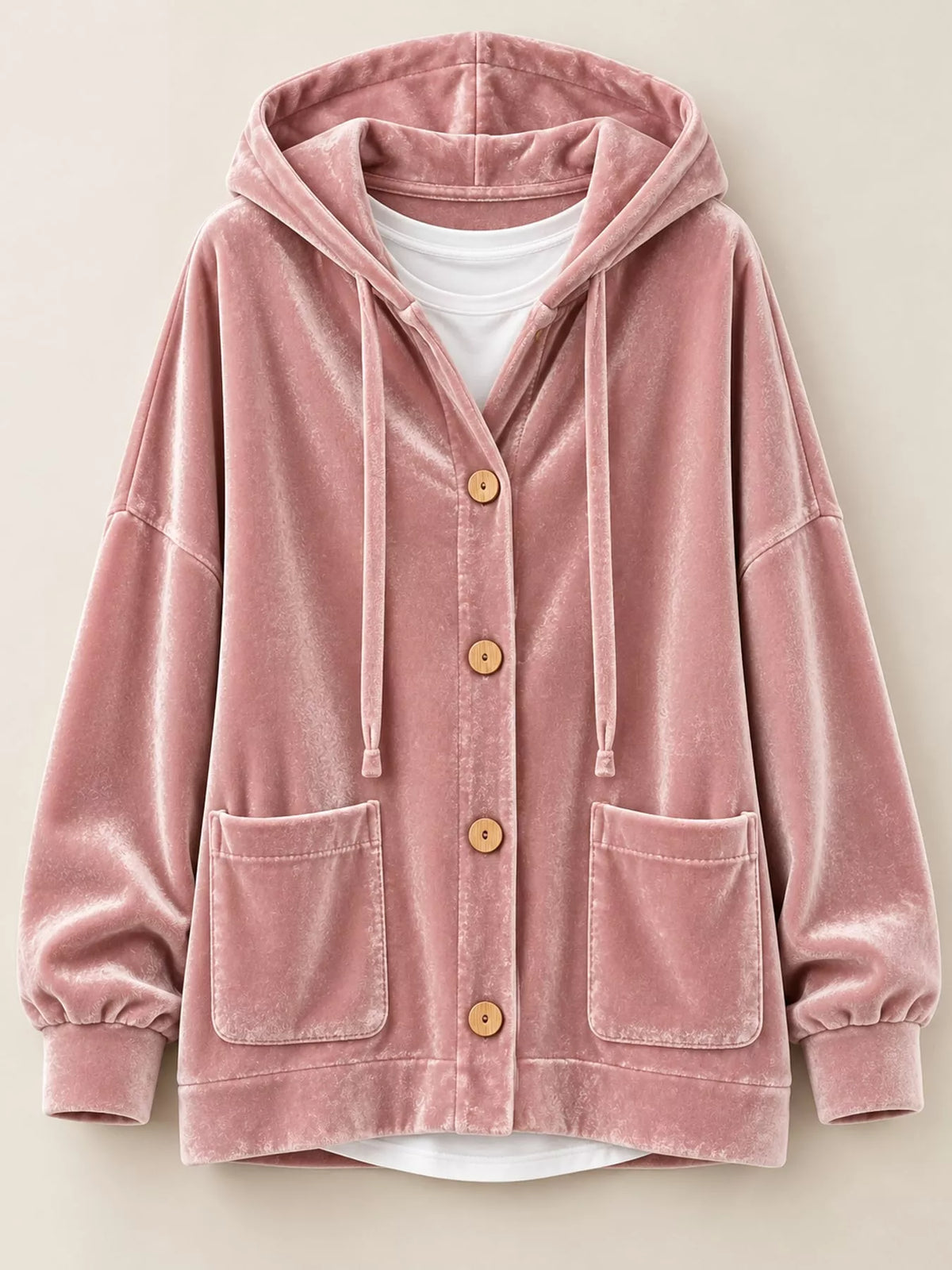Pink velvet dropped shoulder hoodie, front view