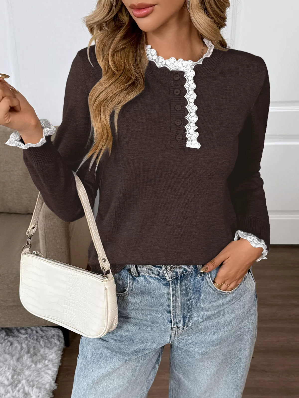 Brown lace-trim sweater with button-detail neckline
