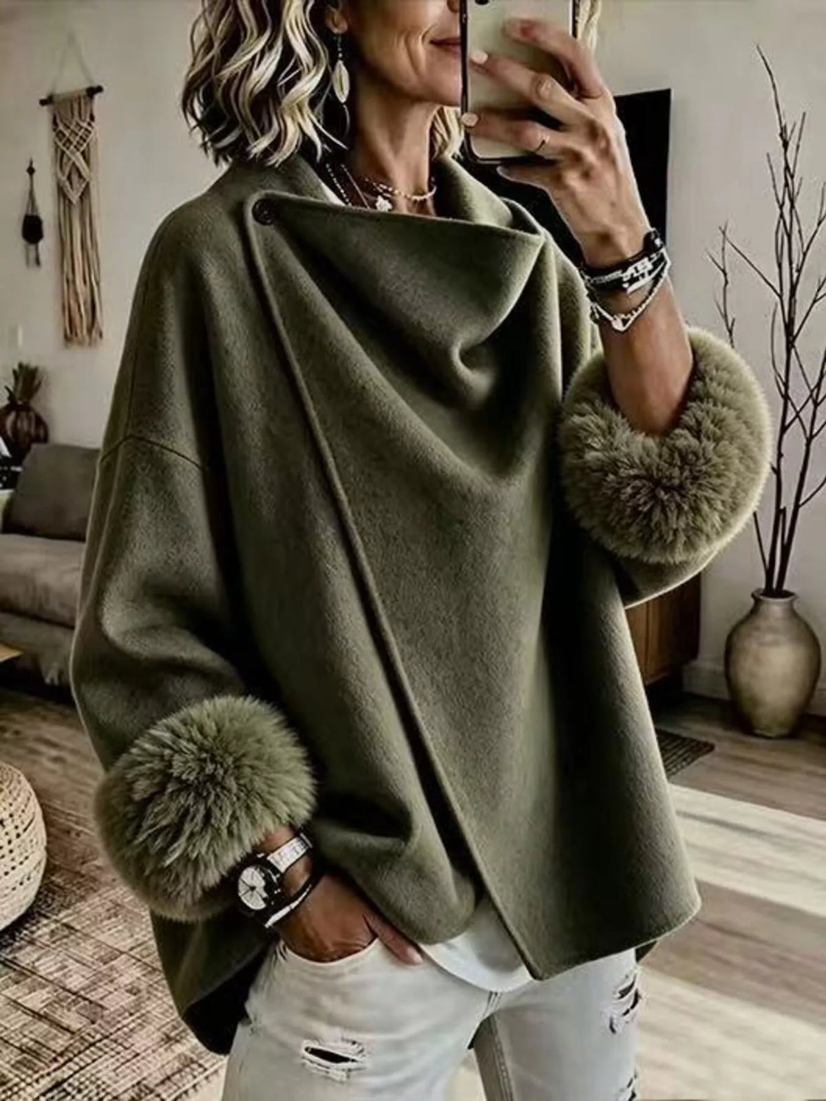 Asymmetric Buttoned Jacket with Faux Fur Cuffs, front view