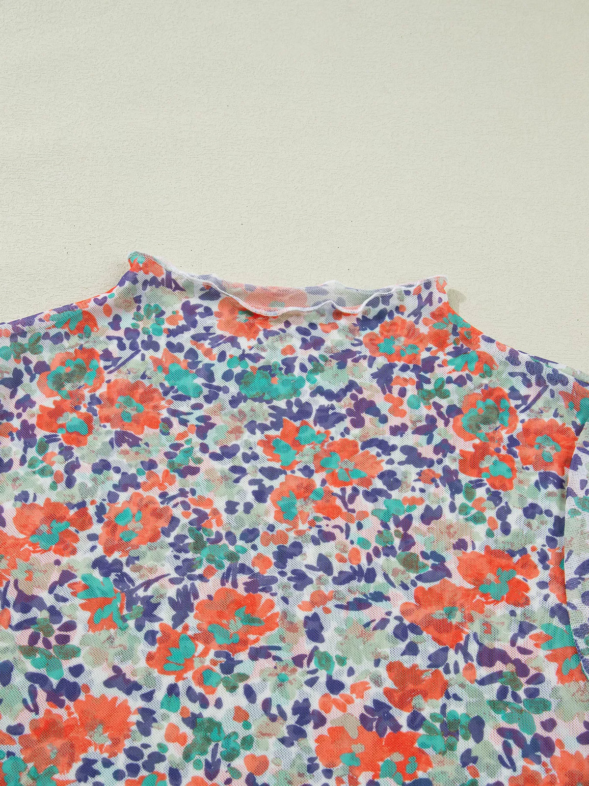 Women's Floral Print Sheer Mesh Long Sleeve Mock Neck Top in Floral, close-up detail