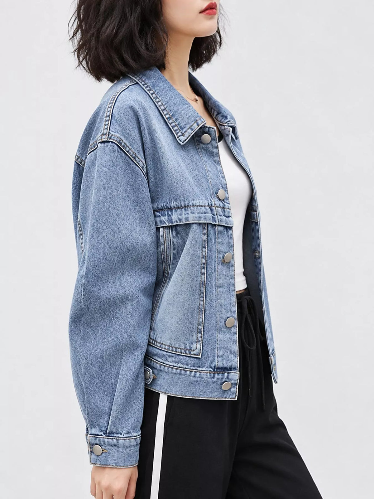 Embroidered Button-Up Denim Jacket — side view