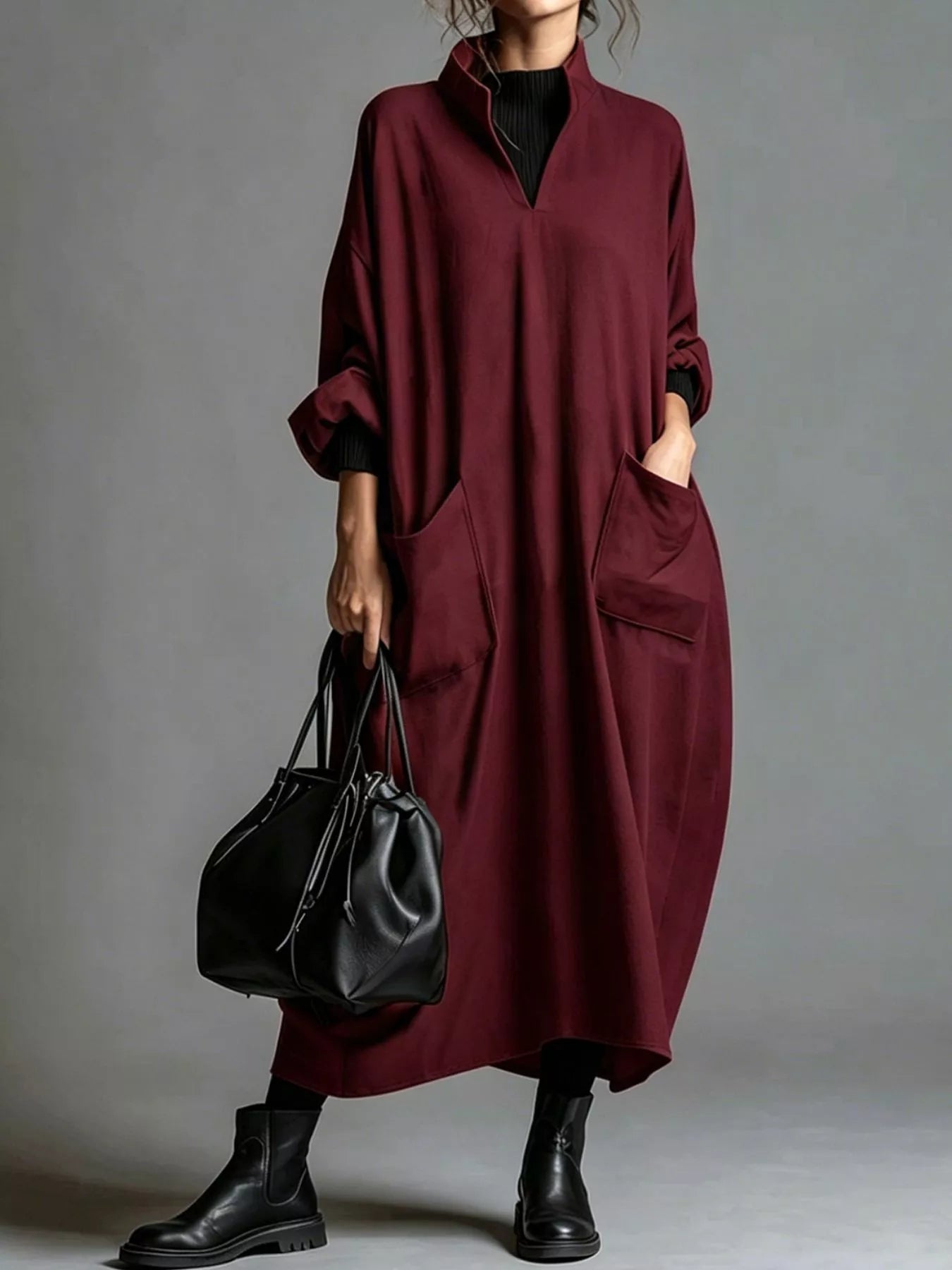 Trendsi Full Size Loose-Fit Mock Neck Midi Dress with Pockets Plus Size -