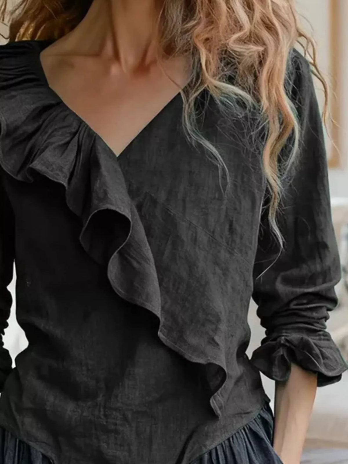 Trendsi V-Neck Ruffled Long Sleeve Blouse -