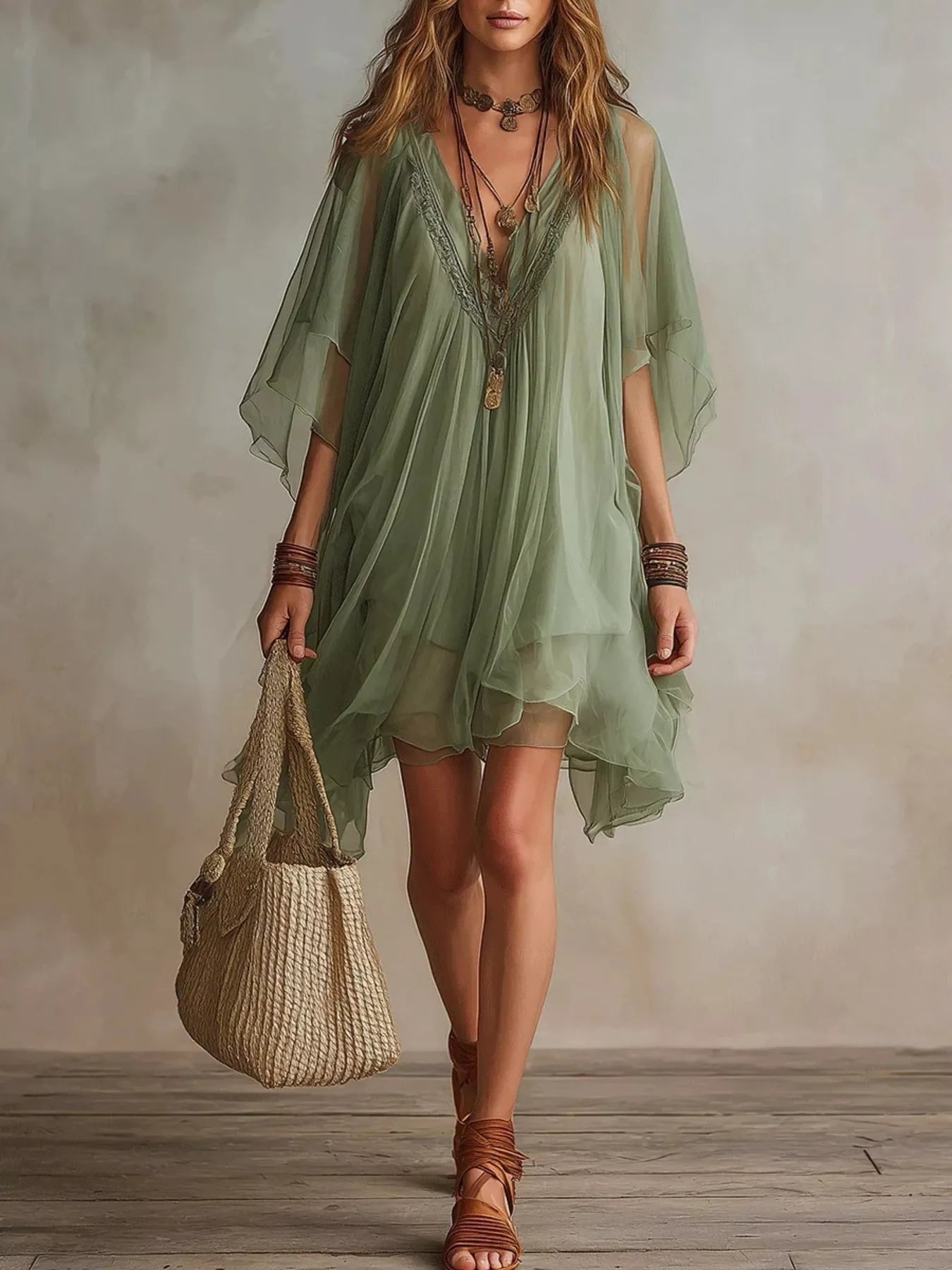 Trendsi Chiffon V-Neck Flowy Mini Dress -