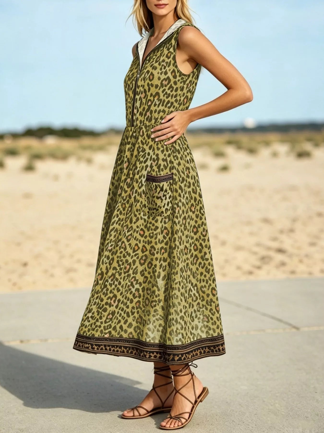 Trendsi Leopard Zip Front Hooded Dress -