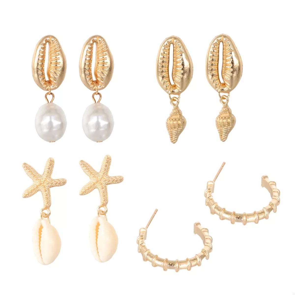 Trendsi 4 Pair 18K Gold-Plated Shell Minimalist Earrings -